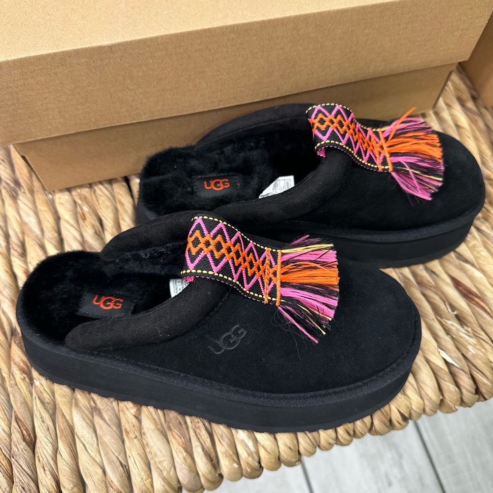 UGG Black Slippers with Multicolor Fringe